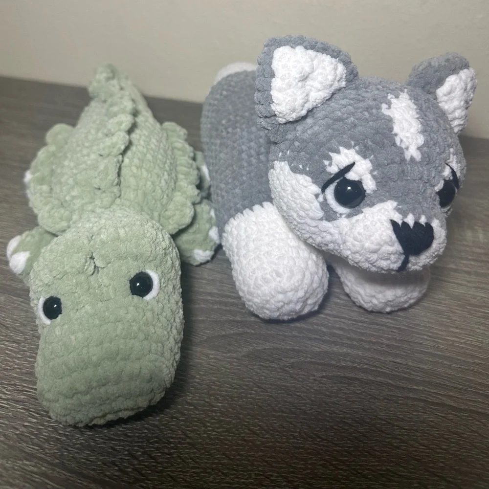 Set Of Two Handmade Crochet Plush Alligator & Cat Stuffed Animal Play Toy